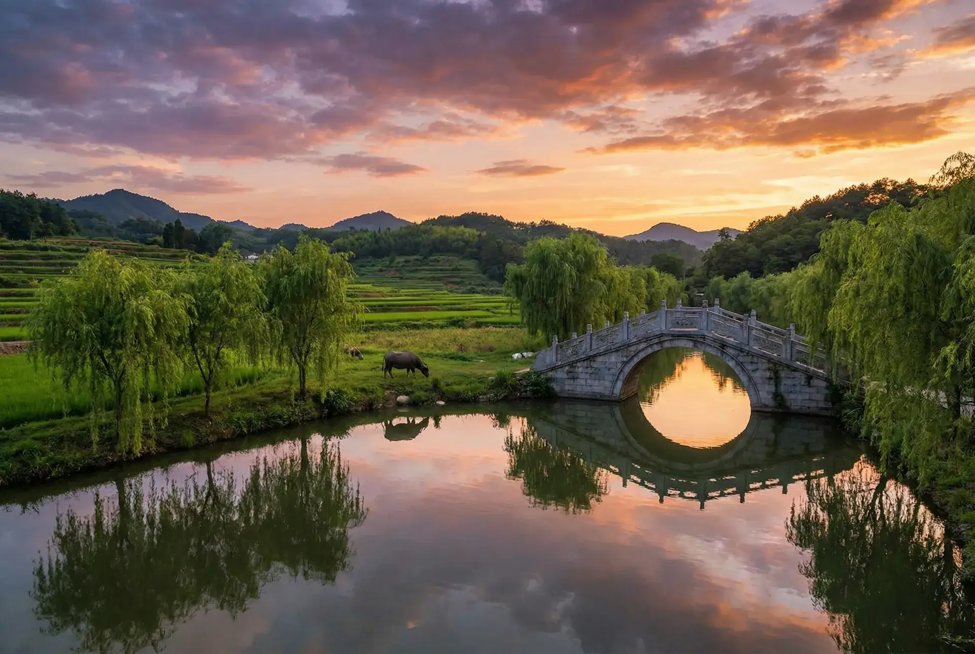 夕阳下的石拱桥与垂柳，水牛在河边吃草 - 天海翼快播 乡村美景